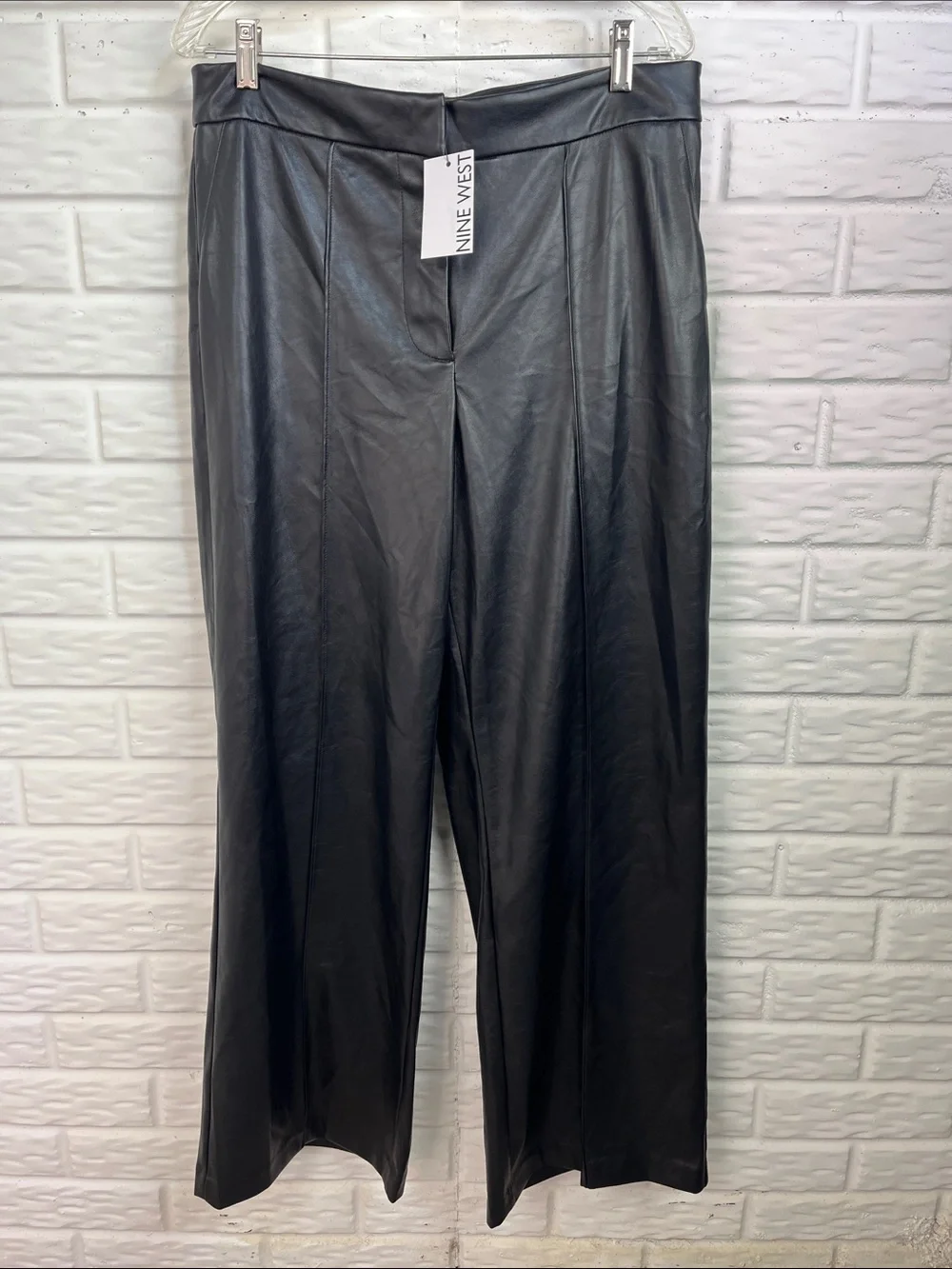 NINE WEST FAUX LEATHER MINERAL BLACK WIDE LEG PLEATED PANTS SZ 12 NWT